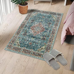 GARVEE Area Rug 2x3 Indoor Door Mat Rug Vintage Soft Entryway Mat Traditional Floor Carpet Non Slip Thin Accent Rug Distressed Floral Print Throw Mat Washable Rug for Laundry Bathroom, Green