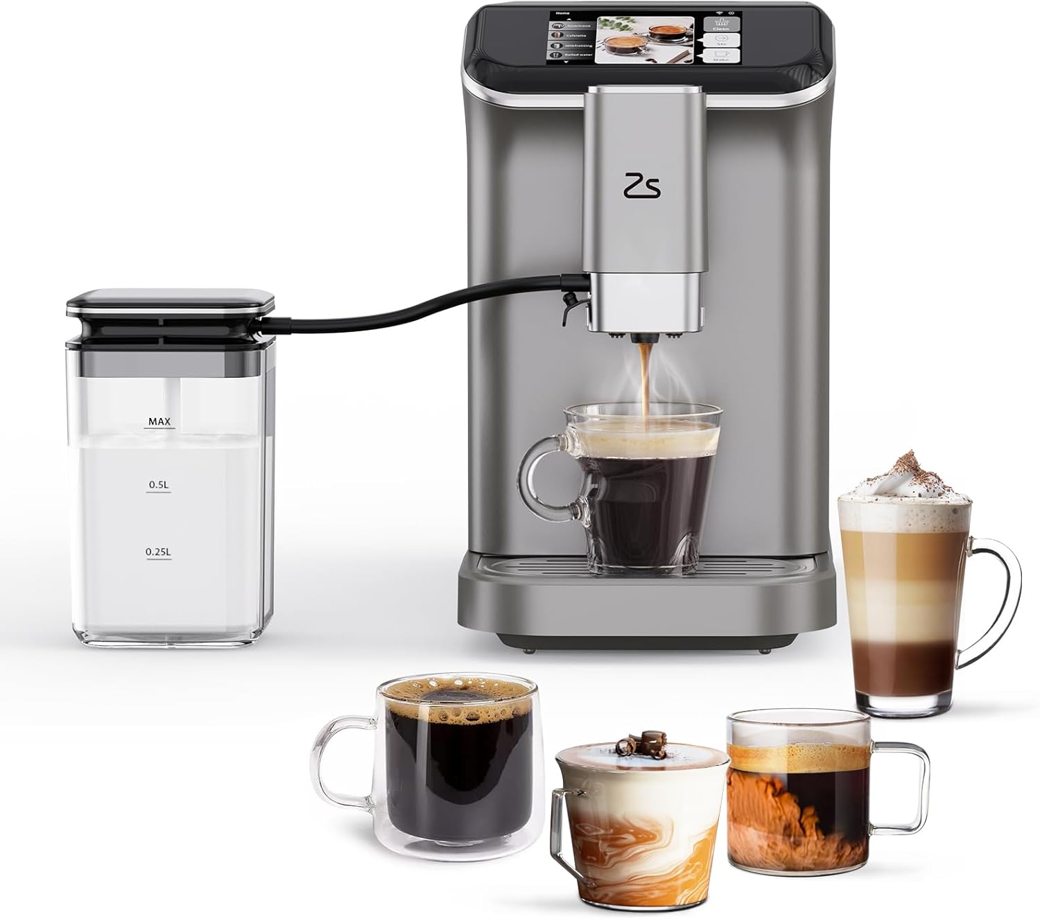 GARVEE Fully Automatic Espresso Machine 20 Bar, Espresso Coffee Machines With Milk Frother Steam Wand, Insulated Milk Container for Cappuccino, Latte, Espresso Maker (Grey)