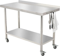 GARVEE Stainless Steel Work Table, 48"x24" Heavy Duty Prep Table with Undershelf, High Load Bearing Metal Table, Commercial Worktable with Backsplash, 4 Wheels, Hooks for Kitchen