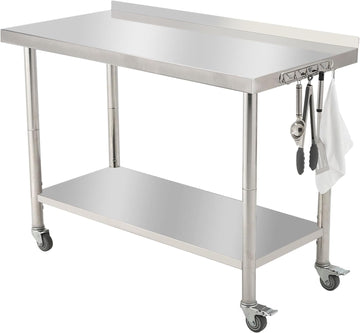 GARVEE Stainless Steel Work Table, 48"x24" Heavy Duty Prep Table with Undershelf, High Load Bearing Metal Table, Commercial Worktable with Backsplash, 4 Wheels, Hooks for Kitchen