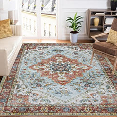 GARVEE Washable Rug 9x12 Area Rugs Boho Printed Rug Low Pile Large Area Rug Oriental Rug Vintage Distressed Floor Mat Non Slip Area Rugs Living Room Bedroom, Rust/Dull Teal