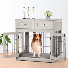 GARVEE Wooden Dog Crate Table with Cushion, 2 Drawers & 3 Doors