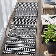 GARVEE Washable Runner Rug 2x10 Vintage Boho Geometric Hallway Runners Moroccan Distressed Runner Rug Low Pile Entryway Rug Runner Kitchen Mat Chenille Living Room Home Office Runner Rug, Black