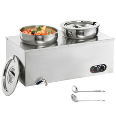 GARVEE Commercial Soup Warmer 1200W Commercial Bain Marie, Steam Table Food Warmer Electric Countertop Station with Large Stainless Steel 2X7.4QT Round Pots 86-185°F for Restaurants, Parties, Buffets