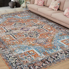 GARVEE 8x10 Area Rugs for Living Room,Washable Persian Rug Vintage Rug Distressed Floral Print Floor Carpet Retro Accent Throw Rug Traditional Non Slip Home Decor Rug Bedroom Dining Room Office,Orange