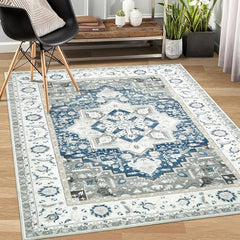 Zacoo Washable Area Rugs 9x12 Living Room Boho Blue Rug Non Slip Soft Rug Living Room Rug Office Rug Distressed Vintage Oriental Area Rugs Classroom Throw Rugs Large Area Rug 9'x12' Blue