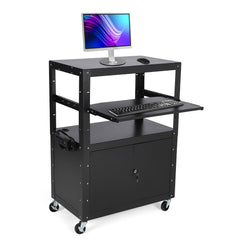 GARVEE Rolling AV Cart with Locking Cabinet, Laptop Stand, Height Adjustable Mobile Utility Cart Workstation with Extra Storage Space, Power Strip