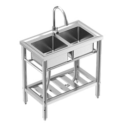 GARVEE Stainless Steel Sink, Freestanding Double Bowl Laundry Sink with Hot & Cold Hoses, Outdoor Camping Utility Sink for Garage, Restaurant, Backyard (33in)