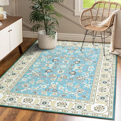 GARVEE 5x7 Area Rug Rug Vintage Floor Cover Machine Washable Indoor Throw Carpet Boho Rug Distressed Medallion Area Rug Non-Slip Rug for Living Room Bedroom Kitchen Home Office, Blue/Yellow