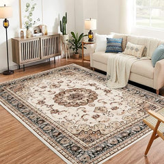 GARVEE Washable Vintage Area Rug - 9x12 Traditional Oriental Medallion Floral Design, Stain Resistant Indoor Print Carpet for Entryway Bedroom Living Room Office Kitchen, Kid & Pet Friendly, Beige