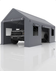 GARVEE Carport 13'x20' Portable Garage, with Heavy Duty Car Port Canopy and Reinforced Steel Poles, 4 Roll-up Doors & 4 Windows, for Pickup, Boat, and Equipment, Silver Gray