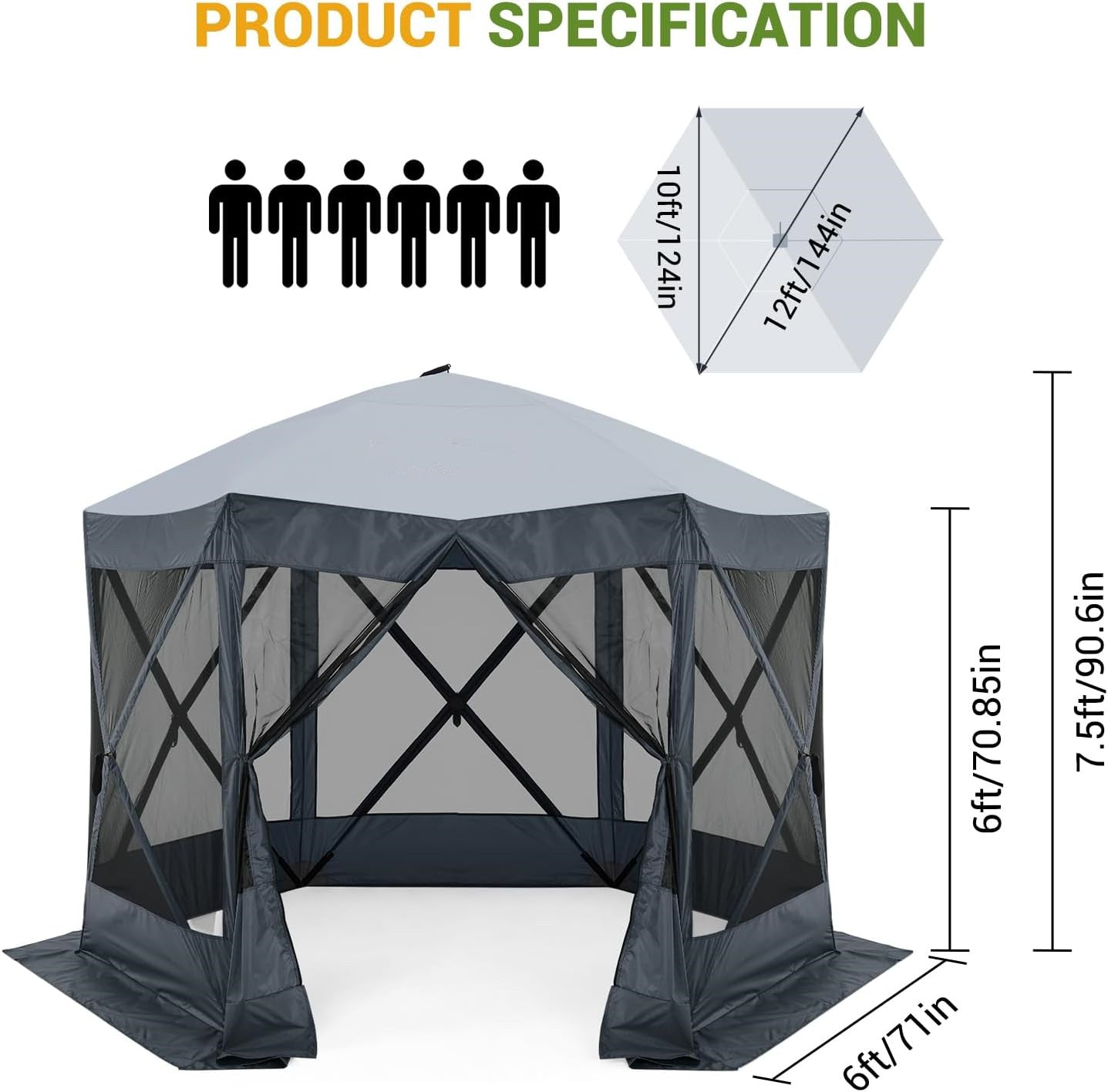 GARVEE 12x12ft Camping Gazebo, Portable Pop Up Canopy Screen Tent 6 Sided with Mesh Windows and Carry Bag for Camping, Outdoor, Picnic, Backyard Party Outside Activities, Gray