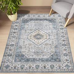 GARVEE Area Rug 5x7 Washable Bedroom Rug Vintage Rug Non Slip Oriental Accent Rugs for Living Room Distressed Geometric Print Floor Carpet Retro Throw Rug for Kitchen Dining Room, Teal Grey