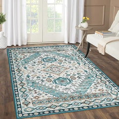 GARVEE Area Rug 5x7 Vintage Rug Boho Rug Machine Washable Indoor Floor Cover Print Carpet Distresse Rug Low Pile Accent Rug for Living Room Bedroom Dining Room, 5’x7’, Boho Green