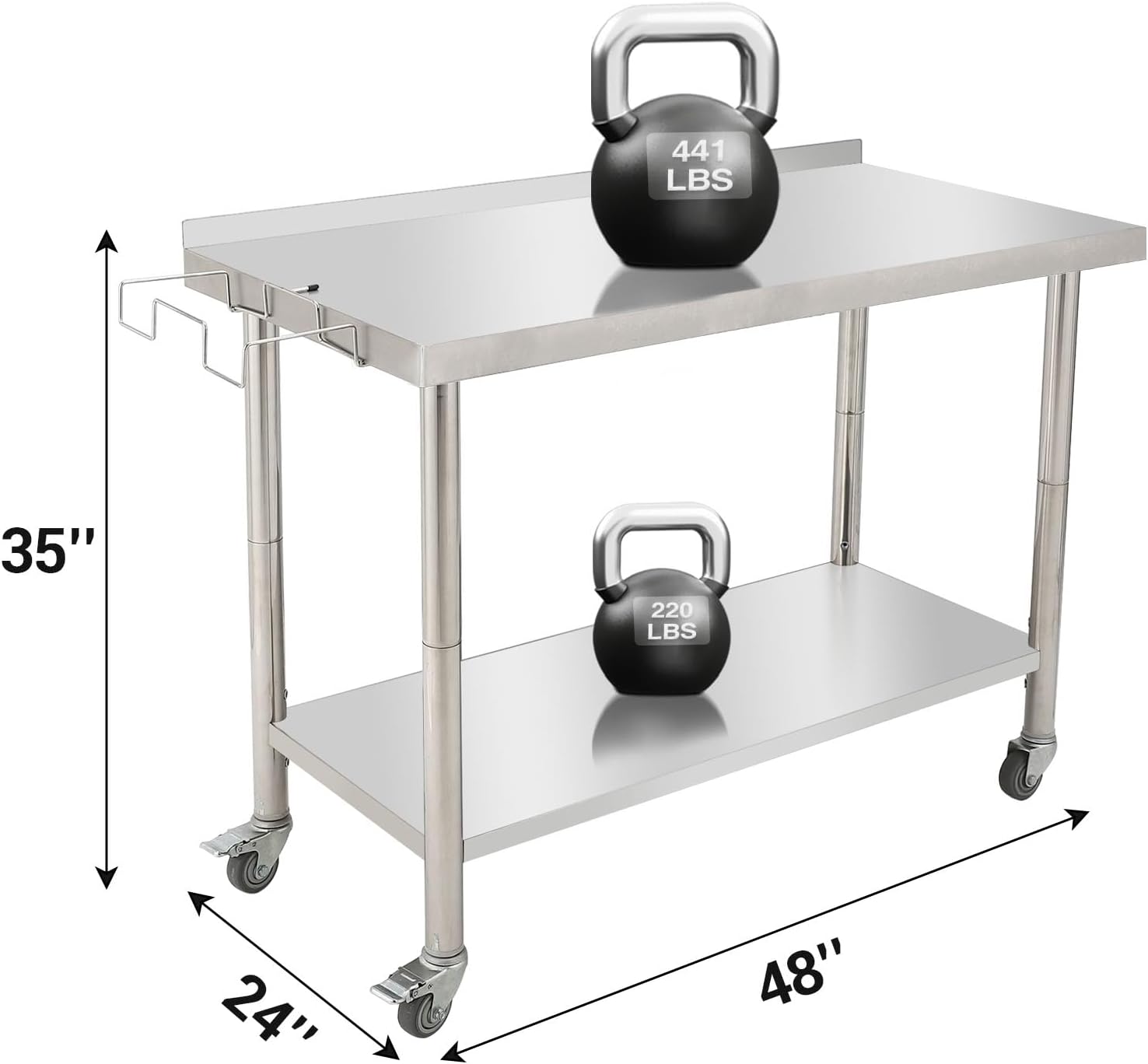 GARVEE Stainless Steel Work Table, 48"x24"x35" Heavy Duty Prep Table with Undershelf, High Load Bearing Metal Table, Commercial Worktable with Backsplash, 4 Wheels, Garbage Rack for Kitchen