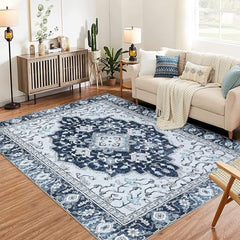 GARVEE Washable Vintage Floral Area Rug 4x6- Non-Slip Print, Non-Shedding, Soft Foldable Carpets for Dining Room, Bedroom, Living Room, Kitchen Entryway, Blue