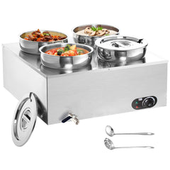 GARVEE Commercial Soup Warmer 1500W Commercial Bain Marie, Steam Table Food Warmer Electric Countertop Station with Large Stainless Steel 4X7.4QT Round Pots 86-185°F for Restaurants, Parties, Buffet