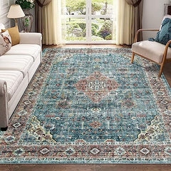 GARVEE Area Rug 5x7 Vintage Rug Indoor Soft Bedroom Rug Non Slip Living Room Carpet Distressed Oriental Accent Rug Washable Lightweight Floor Cover Low Pile Retro Throw Rug for Dining Room, Green