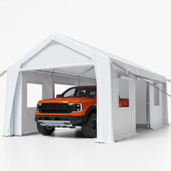 GARVEE Carport 13'x20' Heavy Duty Portable Garage, 1.0 mm Steel Poles & 180 g PE Waterproof Canopy, with Front & Rear Doors, 2 Side Doors, and 4 Windows, for Pickup Truck, and Boat, White