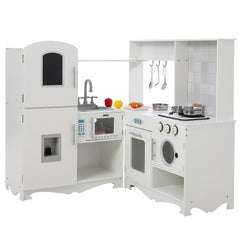 GARVEE Corner Play Kitchen-Wooden Kitchen Playset w/Cooking Stove,Oven,Sink, Microwave, Blackboard, Storage Cabinets,Washing Machine-Pretend Cooking Toys with Sound Light for Kids