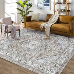 GARVEE 8x10 Area Rug Vintage Distressed Machine Washable Area Rug for Living Room Bedroom Traditional Medallion Floral Non-Slip Stain Resistant Accent Rug Carpet for Floor Decor, Taupe