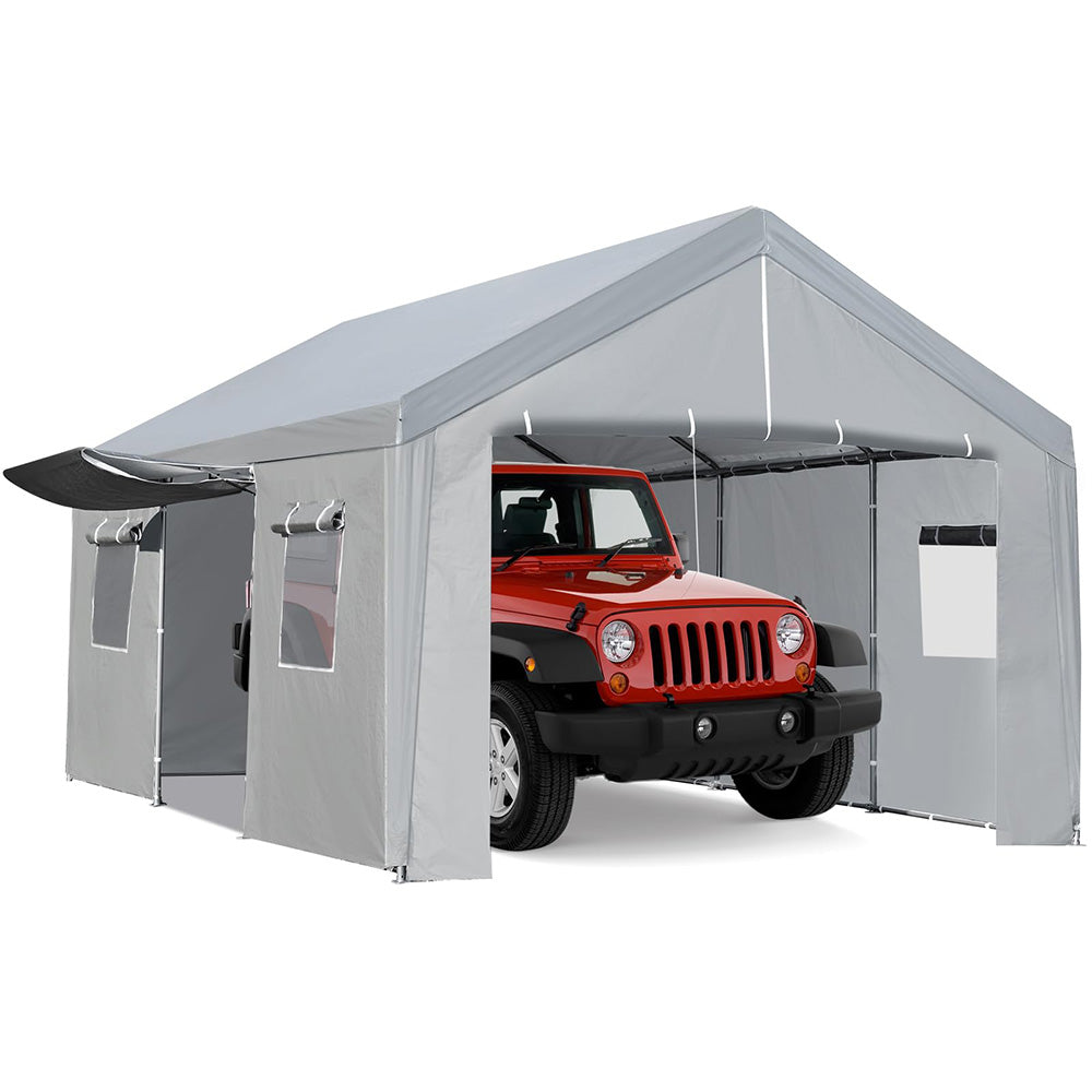 GARVEE 10x20ft Carport Canopy, Portable Garage with Zipper Door, Ventilated Windows and Removable Sidewalls for Automobiles Truck Boat Grey