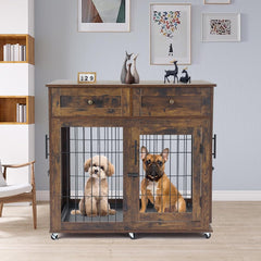 GARVEE Double Room Wooden Dog Cage with Divider and Tray - Brown