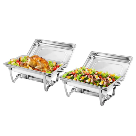 GARVEE Chafing Dish Buffet Set 2 Pack, 8 Qt Stainless Steel Chafer Buffet Servers and Warmers Sets with Lid Folding Frame, Rectangular Chafing Dishes for Parties, Weddings, Catering Events, Silver