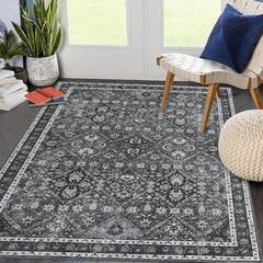 GARVEE 5x7 Washable Area Rug Gray Vintage Rug Traditional Floor Cover Foldable Thin Rug Kitchen Accent Rug Indoor Distressed Non Slip Carpet Floral Print Mat Bedroom Living Room Bathroom