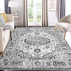 GARVEE Area Rug 4x6 Washable Bedroom Rug Oriental Medallion Area Rug Indoor Floor Carpet Vintage Rug Distressed Carpet for Living Room Kitchen, Grey