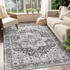 GARVEE Machine Washable Area Rug 5x7 Vintage Distressed Area Rug for Living Room Bedroom Traditional Medallion Floral Non-Slip Stain Resistant Accent Rug Carpet for Home Decoration, Taupe