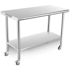 GARVEE Stainless Steel Table, 48 x 24 inches Kitchen Prep Work Tables with Wheels, NSF Commercial Worktable with Adjustable Under Shelf for Restaurant Home and Hotel