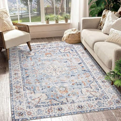 GARVEE Machine Washable Area Rug 5x7 Vintage Distressed Area Rug for Living Room Bedroom Traditional Medallion Non-Slip Stain Resistant Accent Rug Carpet for Home Decor Floor Decoration, Blue