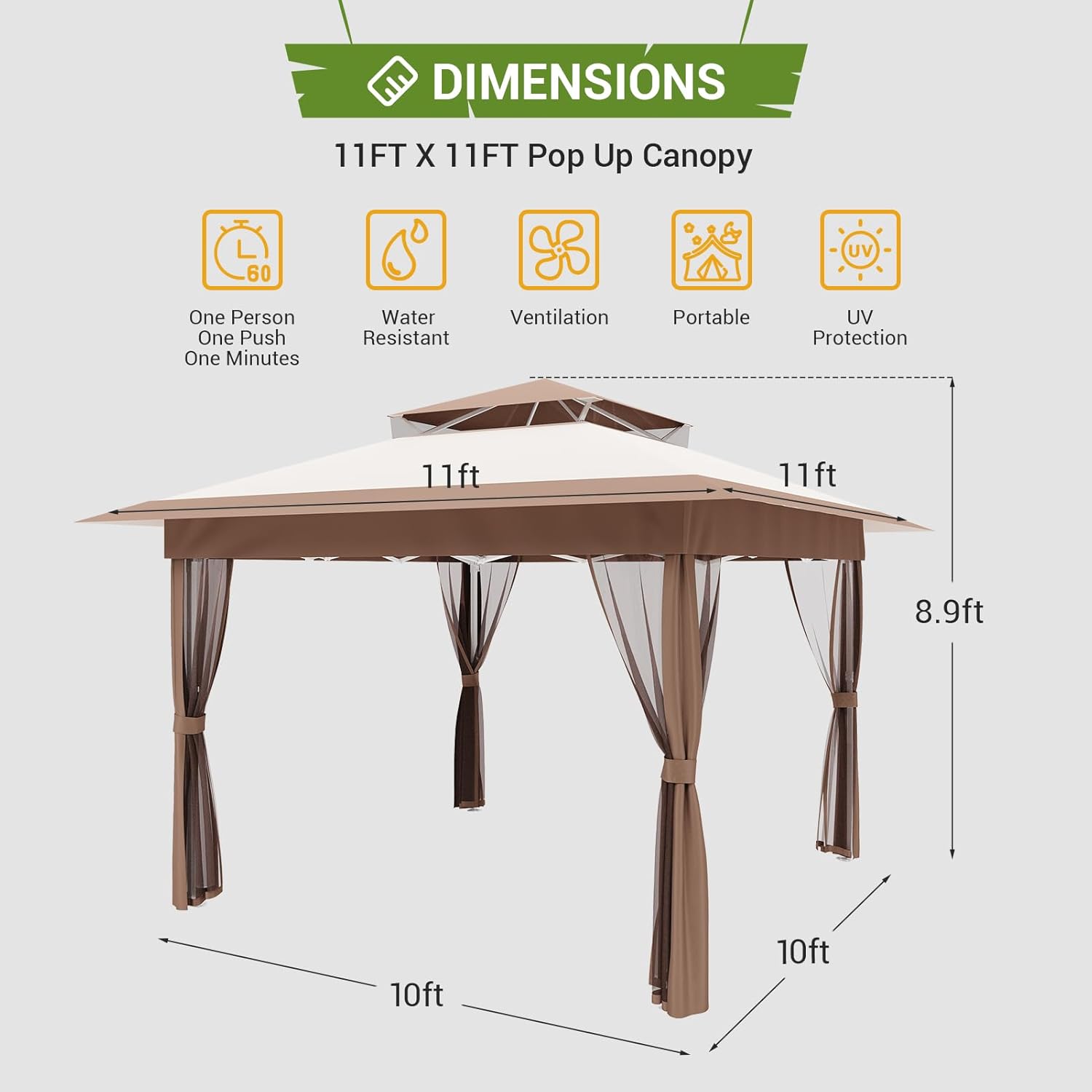 GARVEE Petyee Pop Up Gazebo Patio Gazebo 11x11 Outdoor Gazebo with Mosquito Netting Outdoor Canopy Shelter with Double Roof Ventiation 121 Square Feet of Shade for Lawn, Garden, Backyard and Deck, Brown