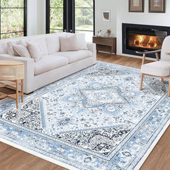 Bohemian Floral Medallion Area Rug 5x7 Oriental Blue Large Bedroom Rug, Soft Non-Slip Washable Dining Room Mat Indoor Nursery Floor Carpet for Guest Room Entryway, 5x7 Blue