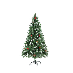 GARVEE 5FT Artificial Snowy Christmas Tree, Unlit Pine Tree with Metal Stand Red Berries Pine Needles Xmas Tree for Indoor and Outdoor Festival Holiday Decoration