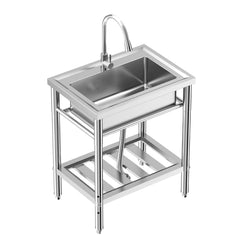 GARVEE Free Standing Single Bowl Kitchen Sink + 360° Rotating Faucet + Storage Shelf + Stainless Steel + Adjustable Legs + Hot & Cold Hoses + Commercial Use