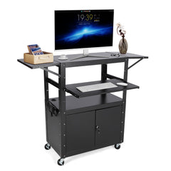 GARVEE Rolling AV Cart with Locking Cabinet, Laptop Stand, and Drop Leaves, Height Adjustable Mobile Utility Cart Workstation with Extra Storage Space, Power Strip