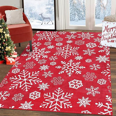 GARVEE Christmas Machine Washable Area Rugs Christmas Snowflake Pattern Carpet Rug Foldable Decorative Accent Rug Farmhouse Dining Table Rug Bedroom Decor Floor Carpet, 3x5 Feet