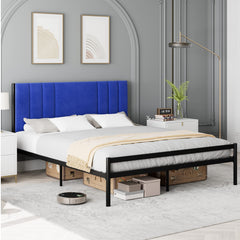 GARVEE Queen Bed Frame, Platform Bed Frame with Velvet Headboard, Heavy Duty Metal Bed Frame with 15 Strong Slats Support, Box Spring Optional, Easy Assembly, Blue