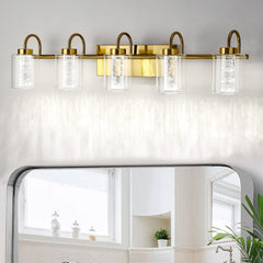 GARVEE Bathroom Vanity Light Fixture, 5-Light Brushed Gold, Crystal Bubble Glass, Dimmable 3-Color LED, Modern Wall Sconce, Metal, Up/Down Mount, for Bathroom, Hallway, Kitchen, Bedroom