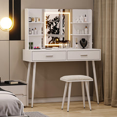 GarveeHome Makeup Vanity Desk with Mirror & Lights, Vanity Desk with Power Outlet, Large Makeup Table with Stool & 2 Drawers & 4 Shelves