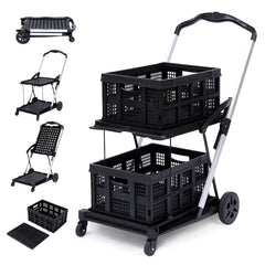 GARVEE Folding Grocery Cart on Wheels - Portable, 2 Tier Rolling Cart, High Capacity, Smooth Movement, PP Wheels, Versatile Use