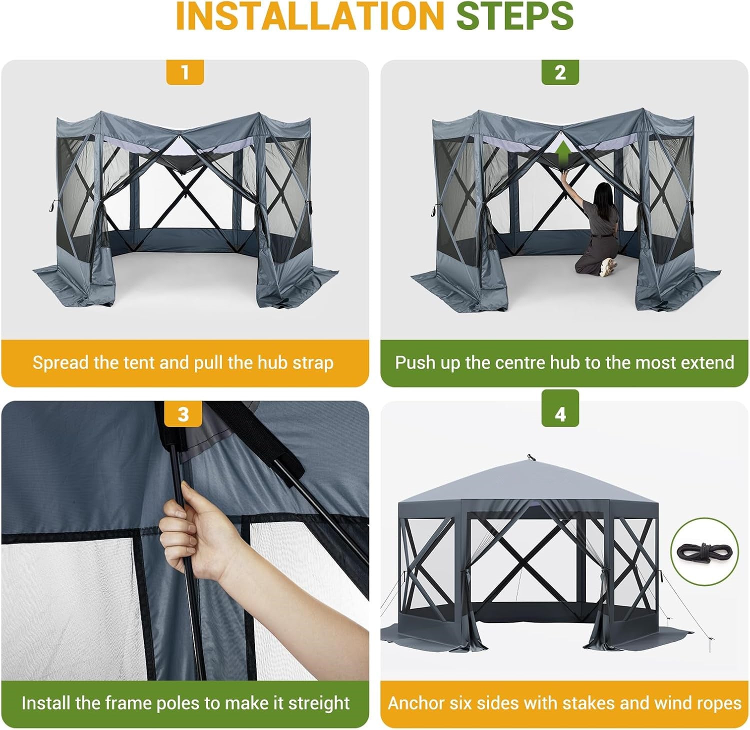 GARVEE 12x12ft Camping Gazebo, Portable Pop Up Canopy Screen Tent 6 Sided with Mesh Windows and Carry Bag for Camping, Outdoor, Picnic, Backyard Party Outside Activities, Gray