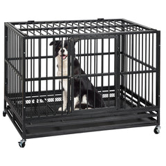 GARVEE 48 “ Heavy Duty Dog Crate, Cage Kennel with Wheels&Brakes, High Anxiety Indestructible, Sturdy Locks Design, Double Door and Removable Tray, for Large Pets