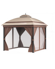10x10 FT Brown Gazebo with Curtains, Steel Roof & Double Roof