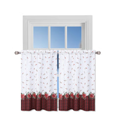 GARVEE Set of 2 Christmas Kitchen Curtains Buffalo Plaid Red and Black with Floral Decorations Window Curtains for Living Room Bedroom Decor Washable Window Treatments, 27 x 30 inch, Red and Black