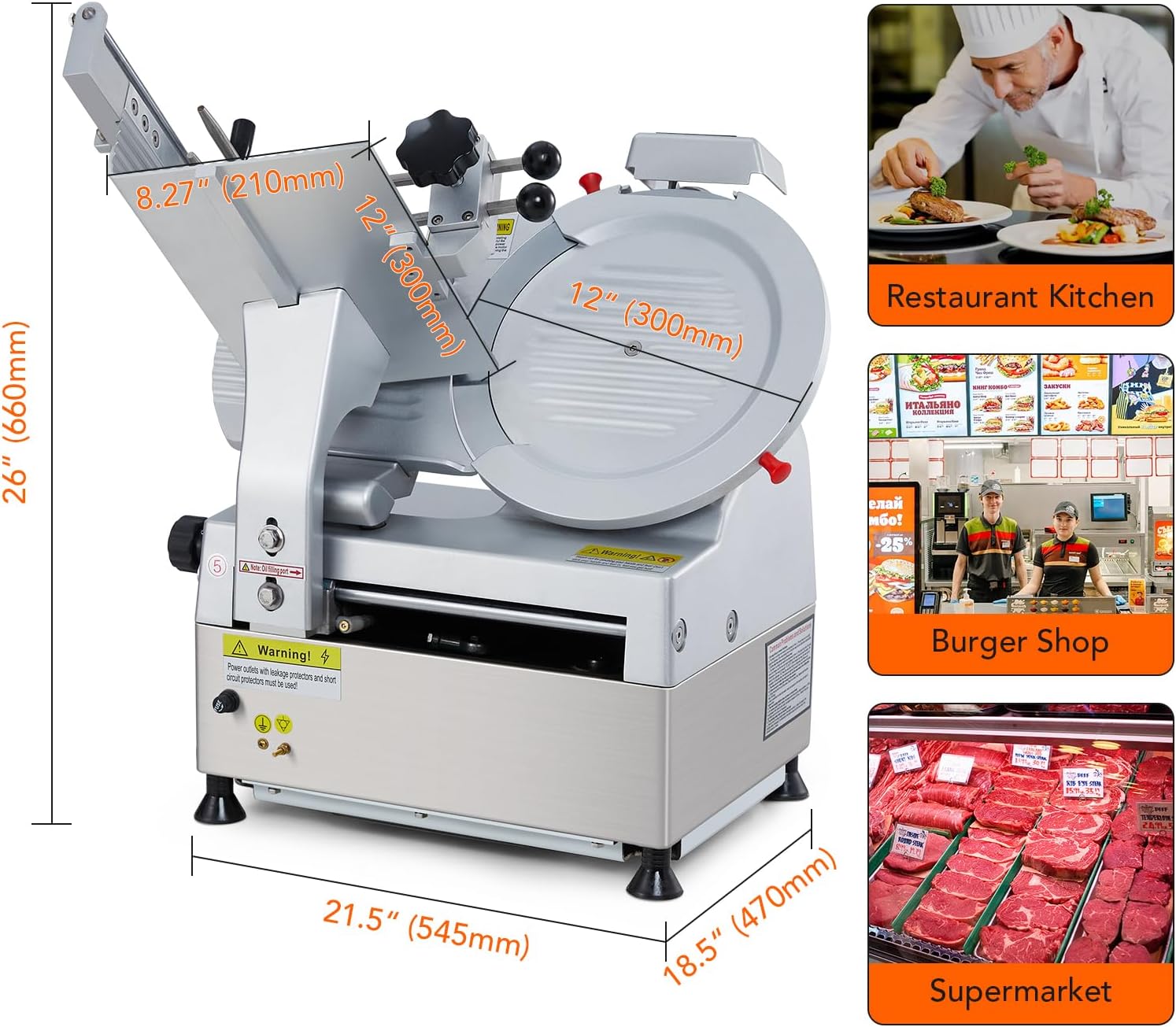 550W 12" Blade Auto Meat Slicer, Carbon Steel, Deli Machine