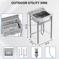 GARVEE Utility Sink,24 * 20 * 41 inch Independent Sink With Pull-Out Faucet,Adjustable Support Feet,Stainless Steel Sink With Hot & Cold Hoses,Stainless Steel Sink Suitable For Kitchen And Restaurant Use