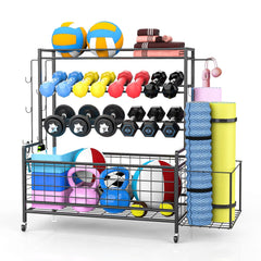 GARVEE Home Gym Storage Rack,Dumbbell Rack,Gym Equipment Organizer Rack for Dumbbells Kettlebells Yoga Mat, All In One Exercise Workout Equipment Storage With Wheels and Hooks for Home Gym